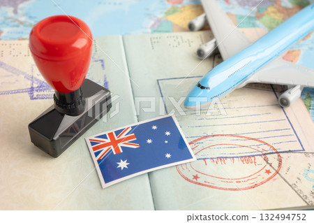Australia flag with passport and airplane for travel. Australia flag with passport and airplane for travel. 132494752