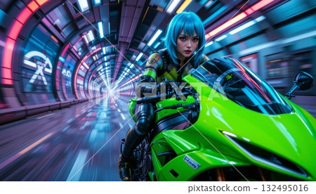 Abstract Speed Tunnel View with Low-Angle Shot of Determined Female Rider 132495016