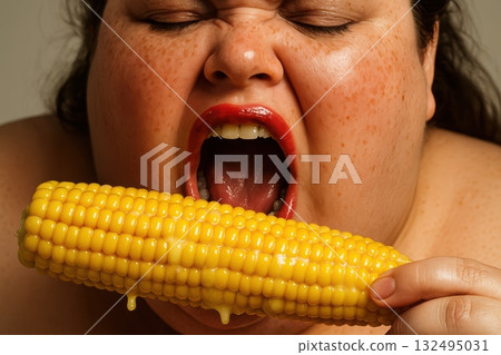 Extreme Facial Close-up of Woman Devouring Corn on the Cob 132495031