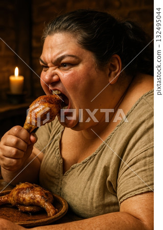 Aggressive Feasting Woman Viciously Devours Roasted Chicken Leg 132495044