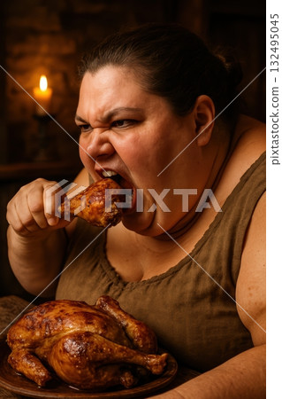 Medieval Peasant Woman Aggressively Eating Whole Roasted Chicken Dinner 132495045