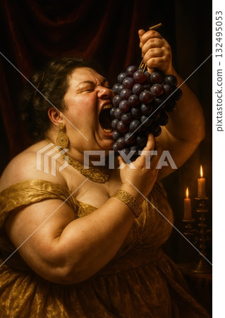 Opulent Portrait of a Woman Gluttonously Eating a Giant Bunch of Grapes 132495053