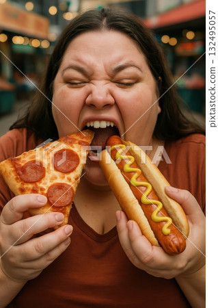 Excited Woman Vigorously Consuming Pepperoni Pizza and Mustard Hot Dog Together 132495057
