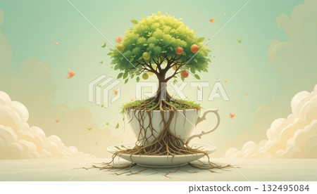 Miniature Fruit Tree Growing from Roots in a Teacup 132495084