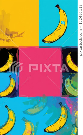 Pop Art Banana Collage with Abstract Blocks and Vibrant Colors Pop Art Banana Collage with Abstract Blocks and Vibrant Colors 132495112