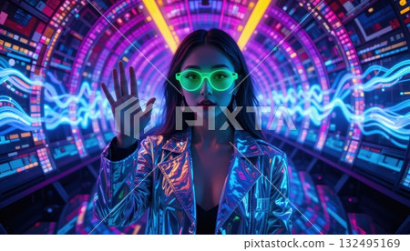 High-Tech Waveform Data Portal Greeted by a Silver Clad Operator 132495169