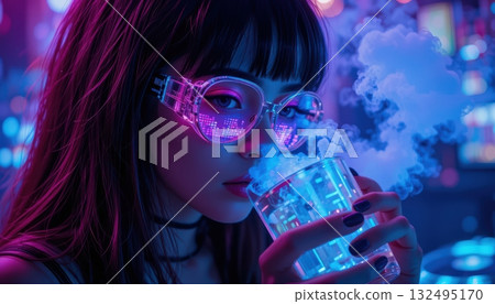 Glimpse of a Woman Drinking a Neon Glowing Smoky Beverage 132495170