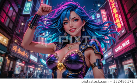 Smiling Cybernetic Girl with Power Armor in a Neon Metropolis 132495171