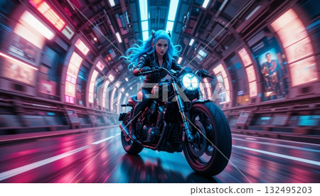 Dynamic Motion Blur of a Powerful Biker Racing Through Neon Passage 132495203