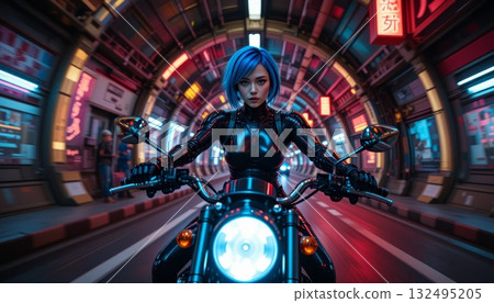 Intense Frontal View of a Woman on a Cruiser in a Cyberpunk City Intense Frontal View of a Woman on a Cruiser in a Cyberpunk City 132495205