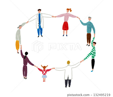 Hand-drawn illustration of a doctor and patient holding hands in a circle Hand-drawn illustration of a doctor and patient holding hands in a circle 132495219
