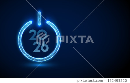 Blue power button with number 2026 inside. Digital technology, innovation, startup, energy activation, new beginning, start of new technological era concept. Blue power button with number 2026 inside. Digital technology, innovation, startup, energy activation, new beginning, start of new technological era concept. 132495220