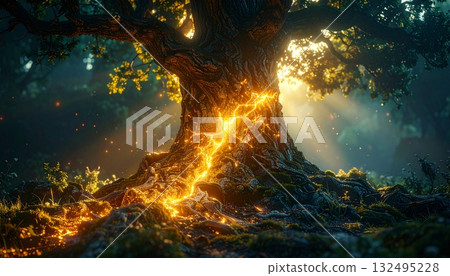 光線從破裂的樹幹溢出 光線從破裂的樹幹溢出 132495228