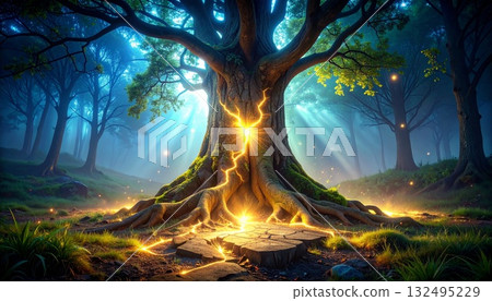 光線從破裂的樹幹溢出 132495229