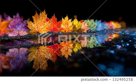 Autumn leaves floating on the surface of the water 132495258