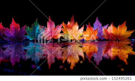 Autumn leaves floating on the surface of the water 132495261