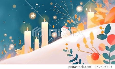 A lit candle and a small snowman on a snowy hill A lit candle and a small snowman on a snowy hill 132495403