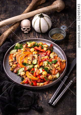 Halloween salad with cheese in shape of skull Halloween salad with cheese in shape of skull 132495443