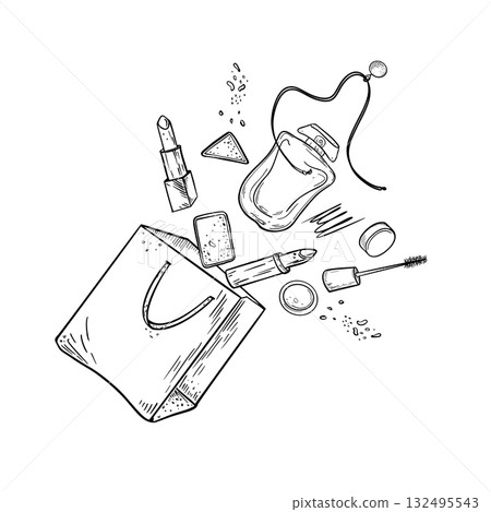 Shopping paper bag and decorative cosmetics black white vector illustration. Perfume bottles, beauty make up levitation outline drawing. monochrome sketch mascara, lipsticks and eyeshadows flying. Shopping paper bag and decorative cosmetics black white vector illustration. Perfume bottles, beauty make up levitation outline drawing. monochrome sketch mascara, lipsticks and eyeshadows flying. 132495543