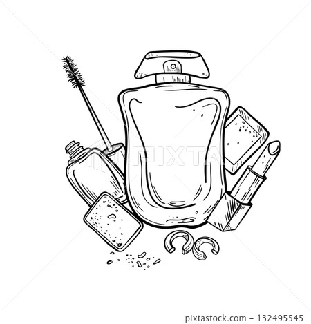 Glass flacon, jewelry and make up cosmetics black white vector illustration. Outline ink drawing for Mother's Day. Woman greetings cards. Feminine line art perfume, beauty, mascara and lipstick. 132495545