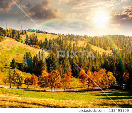 autumn landscape with road through valley at sunset near coniferous forest with trees in colorful leaves. beautiful countryside scene in mountains. scenic place in evening light autumn landscape with road through valley at sunset near coniferous forest with trees in colorful leaves. beautiful countryside scene in mountains. scenic place in evening light 132495599