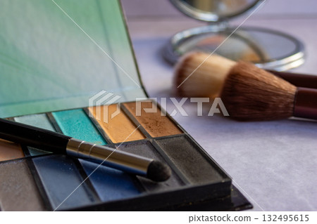 Professional makeup set with eyeshadow colors and beauty accessories,deal for beauty branding and creative campaigns. 132495615