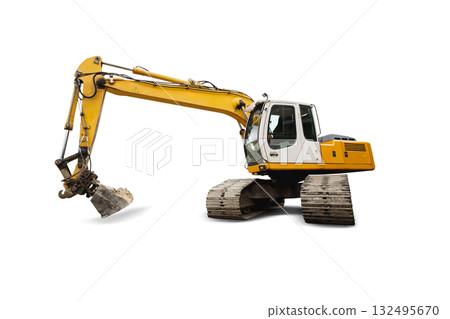 Heavy excavator with a long arm isolated on a white background for construction or demolition activities 132495670