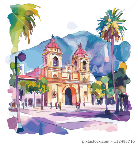 Santiago Cerro San Cristobal & Plaza de Armas. Santiago Cerro San Cristobal & Plaza de Armas hand drawn watercolor illustration Santiago Cerro San Cristobal & Plaza de Armas. Santiago Cerro San Cristobal & Plaza de Armas hand drawn watercolor illustration 132495710