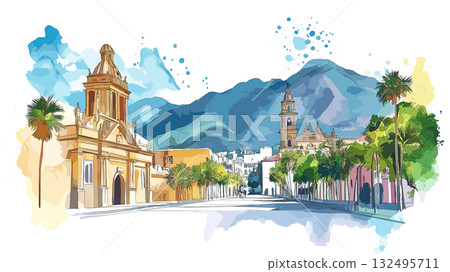 Santiago Cerro San Cristobal & Plaza de Armas. Santiago Cerro San Cristobal & Plaza de Armas hand drawn watercolor illustration Santiago Cerro San Cristobal & Plaza de Armas. Santiago Cerro San Cristobal & Plaza de Armas hand drawn watercolor illustration 132495711