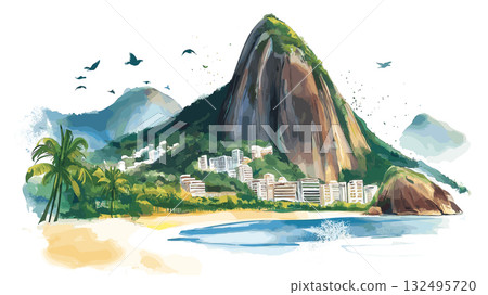 Sugarloaf Mountain. Sugarloaf Mountain hand drawn watercolor illustration 132495720