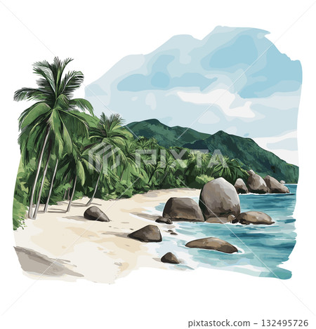 Tayrona National Park. Tayrona National Park hand drawn watercolor illustration Tayrona National Park. Tayrona National Park hand drawn watercolor illustration 132495726