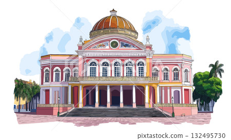 Teatro Amazonas. Teatro Amazonas hand drawn watercolor illustration Teatro Amazonas. Teatro Amazonas hand drawn watercolor illustration 132495730
