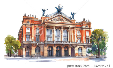 Teatro Colon. Teatro Colon hand drawn watercolor illustration Teatro Colon. Teatro Colon hand drawn watercolor illustration 132495731