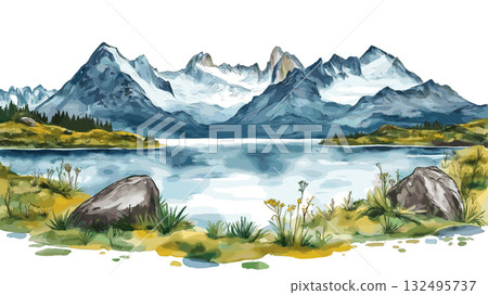 Tierra del Fuego National Park. Tierra del Fuego National Park hand drawn watercolor illustration 132495737