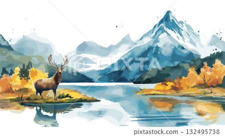 Tierra del Fuego National Park. Tierra del Fuego National Park hand drawn watercolor illustration 132495738