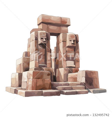 Tiwanaku Archaeological Site. Tiwanaku Archaeological Site hand drawn watercolor illustration Tiwanaku Archaeological Site. Tiwanaku Archaeological Site hand drawn watercolor illustration 132495742