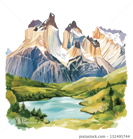 Torres del Paine National Park. Torres del Paine National Park hand drawn watercolor illustration 132495744