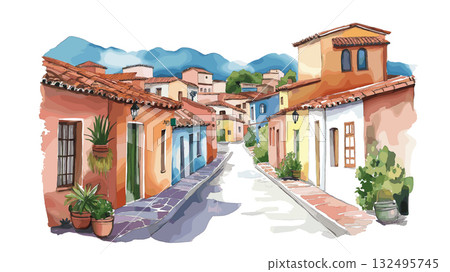 Villa La Angostura. Villa La Angostura hand drawn watercolor illustration 132495745