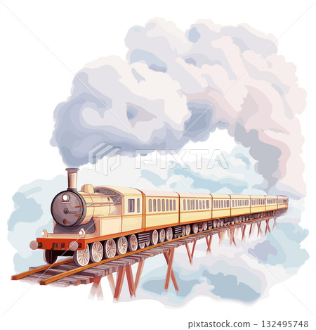 Train to the Clouds. Train to the Clouds hand drawn watercolor illustration 132495748