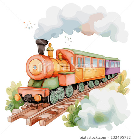 Train to the Clouds. Train to the Clouds hand drawn watercolor illustration 132495752