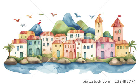Vina del Mar. Vina del Mar hand drawn watercolor illustration 132495774