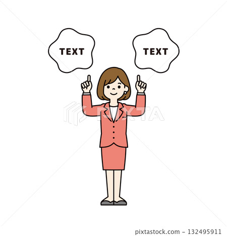 A simple full-body vector illustration of a young female employee in a suit pointing and explaining A simple full-body vector illustration of a young female employee in a suit pointing and explaining 132495911