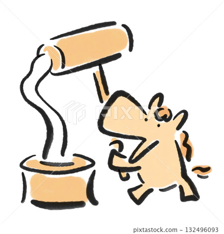 一匹可愛的小馬正在用研缽和杵搗年糕。新年素材。水墨畫。手繪。 132496093