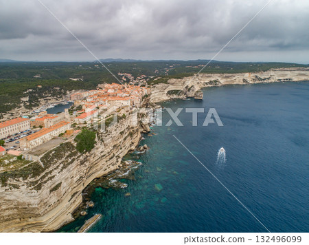 Aerial view marina cape Bonifacio south Corsica France citadel on rocky promontory on wild white limestone cliffs Aerial view marina cape Bonifacio south Corsica France citadel on rocky promontory on wild white limestone cliffs 132496099