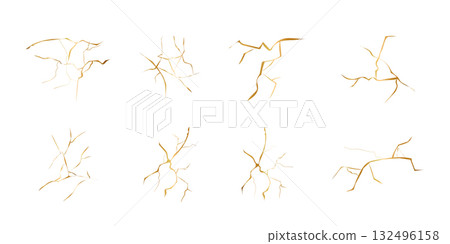 Golden cracks effect in japanese kintsugi art mosaic style. Luxury marble stone. Broken porcelain gold fissures. Marble texture. Luxury design for wall art, wallpaper, wedding card, social media. 132496158