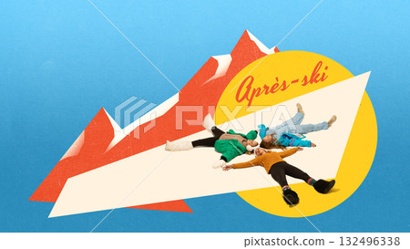 Trendy collage. Apres ski friends lying on slope illustration in colorful mountains under yellow sun design Trendy collage. Apres ski friends lying on slope illustration in colorful mountains under yellow sun design 132496338