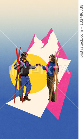 Two skiers toasting drinks in colorful vintage mountain collage with yellow sun and pink peaks Two skiers toasting drinks in colorful vintage mountain collage with yellow sun and pink peaks 132496339