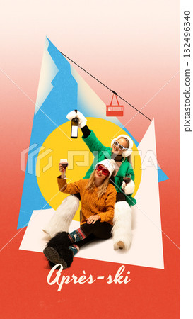 Bold poster. Two cheerful women raising wine and bottle in apres ski celebration with cable car and sun design Bold poster. Two cheerful women raising wine and bottle in apres ski celebration with cable car and sun design 132496340