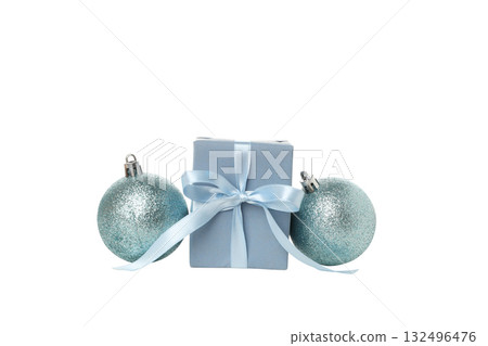 Blue-ribboned gift with ornaments around it, on white, PNG Blue-ribboned gift with ornaments around it, on white, PNG 132496476