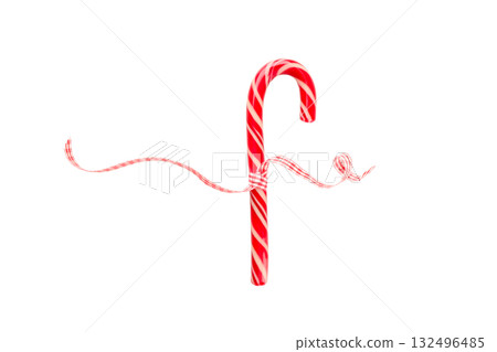 Red and white striped candy cane decorated with ribbon, on white, PNG 132496485